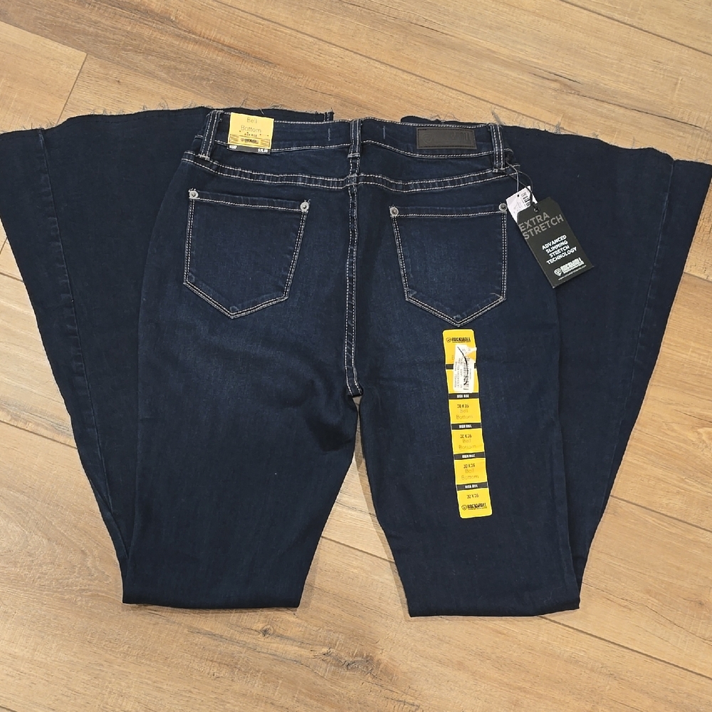 Rock & Roll Denim Dark Blue Women's Stretch High Rise Bell Bottom Jeans 30x36